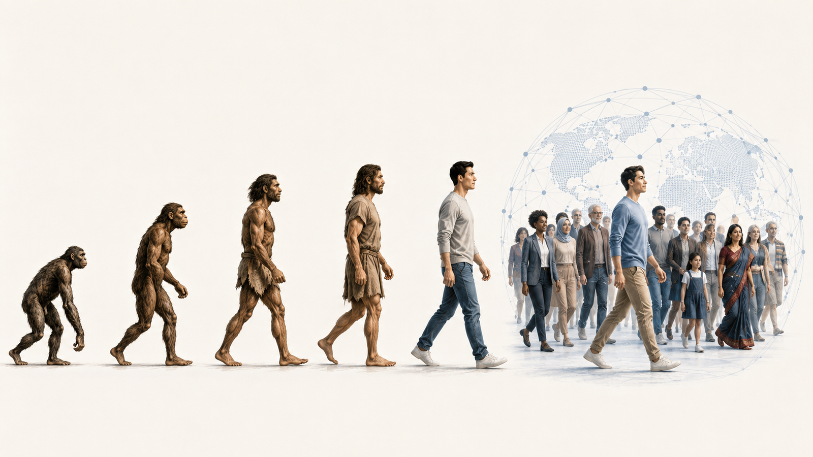 A familiar progression of human evolution culminating in Homounitum—a modern human connected with a diverse global human network